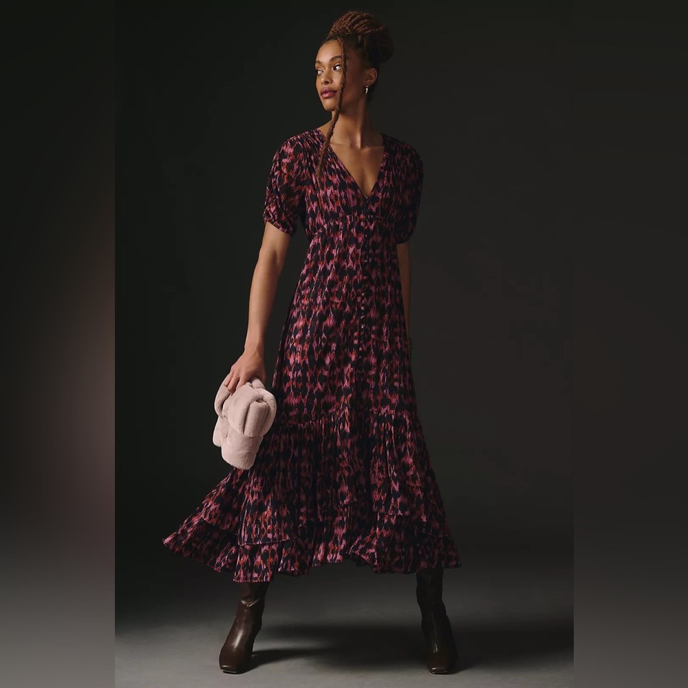 By Anthropologie Printed Ruched-Sleeve Maxi Dress Sz XL